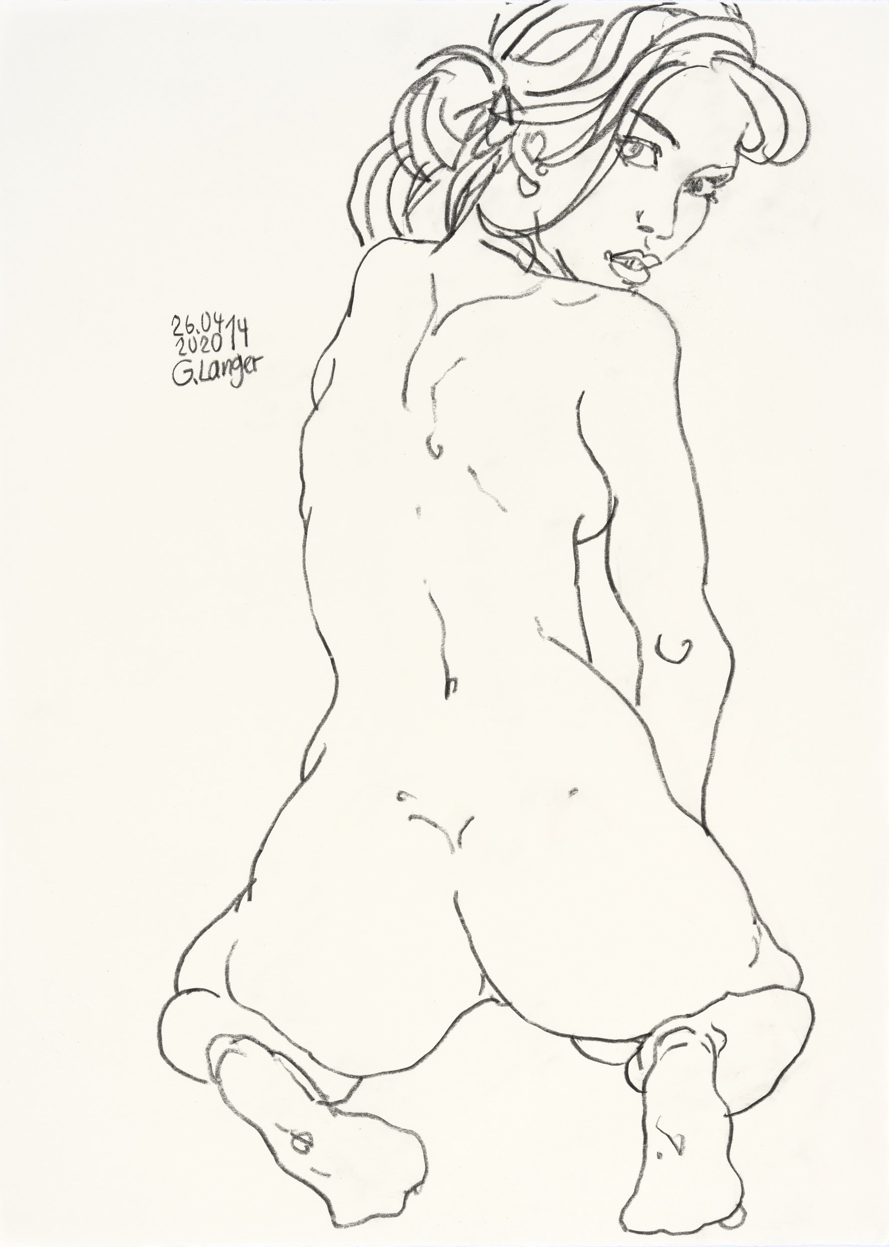 Gunter Langer, Kniendes nacktes Mädchen, Rücken, Verlockung, 2020, Zeichenpapier, 71 x 51 cm